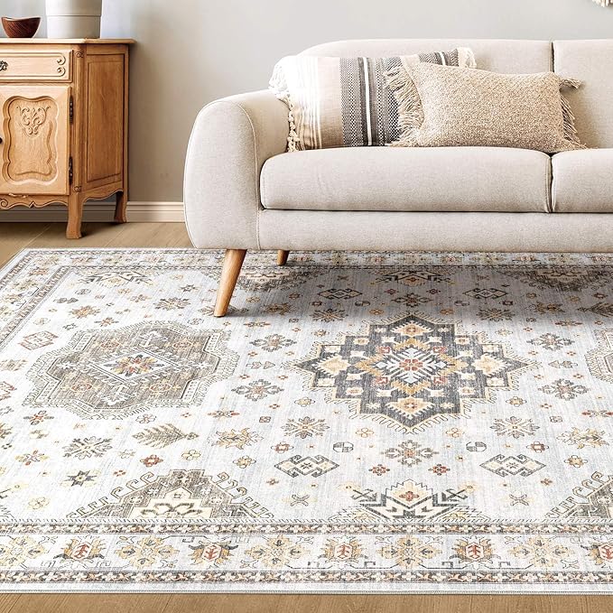 Washable Area Rugs for Living Room -10x14 Neutral Vintage Distressed Floral Farmhouse Boho Large Soft Floor Rug Indoor Non Slip Carpet for Living Room Bedroom Dining Room Office-Blue Brown