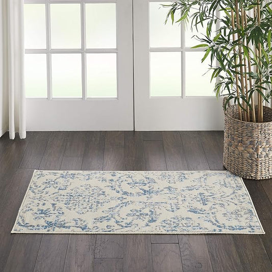 Nourison Jubilant Damask Ivory/Blue 2' x 4' Area -Rug, Easy -Cleaning, Non Shedding, Bed Room, Living Room, Dining Room, Kitchen (2x4)