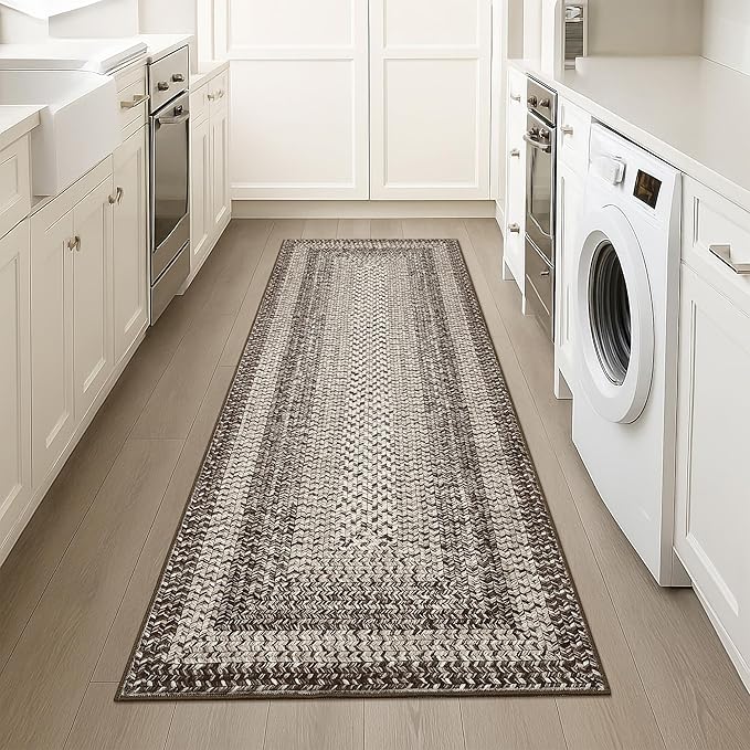 Imitation Braided Collection-Print 2x8 Runners for Hallway Non Slip Washable Kitchen Rugs, Farmhouse Rustic Bordered Area Rug Soft Low Pile Indoor Carpet Runners for Entryways, Living Room