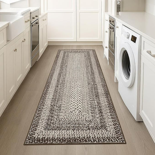 Imitation Braided Collection-Print 2x8 Runners for Hallway Non Slip Washable Kitchen Rugs, Farmhouse Rustic Bordered Area Rug Soft Low Pile Indoor Carpet Runners for Entryways, Living Room