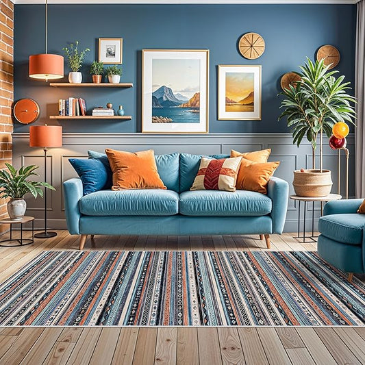 4x10 Rug Washable Living Room: Non-Slip Southwestern Striped Runner for Bedroom Hallway Entry - Farmhouse Low Pile Stain Resistant Long Thin Floor Carpet 4x10 Blue/Black/Multi