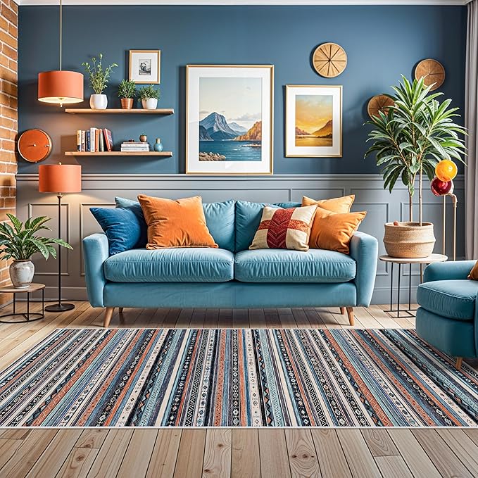 4x10 Rug Washable Living Room: Non-Slip Southwestern Striped Runner for Bedroom Hallway Entry - Farmhouse Low Pile Stain Resistant Long Thin Floor Carpet 4x10 Blue/Black/Multi