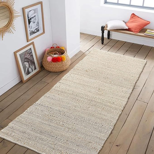 Chardin home 2x5 Jute Cotton Hand Woven Runner Rug, Natural Jute/Ivory Braided Hallway mat, Boho, Rustic, Farmhouse, Vintage, Reversible Natural Fiber Rugs for Bedroom, Living Room, Kitchen,entryway