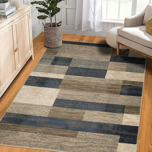 Superior Indoor Area Rug, Jute Backing, Plush Modern Rugs for Entryway, Kitchen Floors, Office Floor Cover, Color Block Rugs, Rockwood Collection, 5' x 8', Midnight Navy
