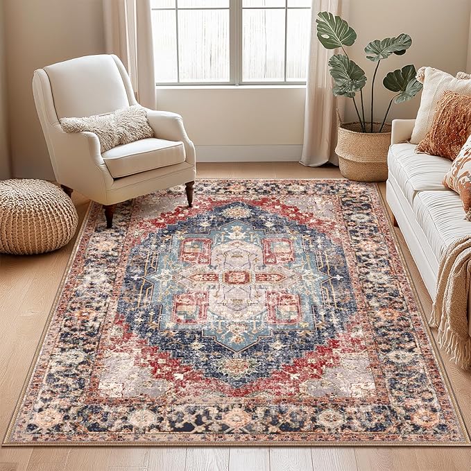 Washable 9x12 Area Rugs, Rugs for Living Room, Low-Pile Water&Stain Resistant Carpet Vintage Distressed Printed Non-Slip Carpet for Bedroom Bathroom Kitchen-Dark Red