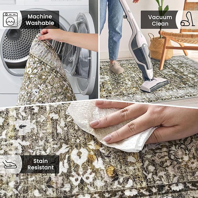 Runner Rug 2x6 Kitchen Runner Rug Washable Runner Printed Vintage Floral Rug Non-Slip Hallway Runner Distressed Boho Rug for Bedroom Laundry Room Doorway, Taupe