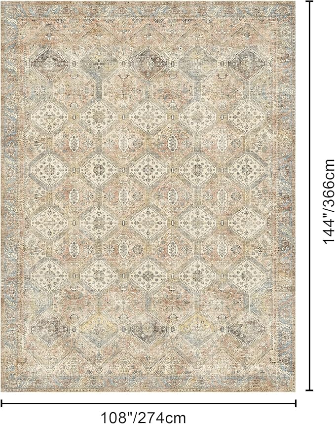 Bavni 9x12 Area Rugs for Living Room, Machine Washable Rug Non Slip, Vintage Chenille Distressed Print Carpet, Large Low Pile Ultra-Thin Lightweight Rugs for Bedroom, Dining Room, Office, Wood Brown