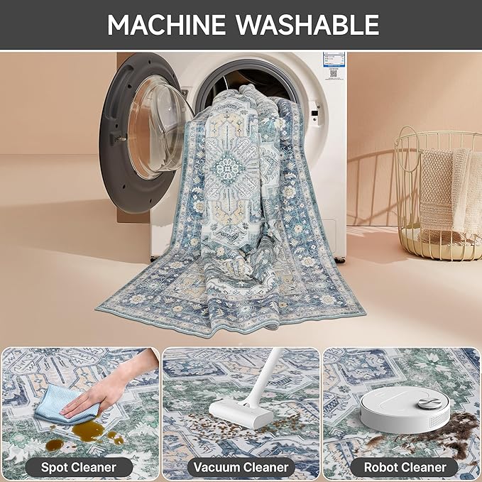 Vintage Large Rugs for Living Room, 6x9 Washable Area Rugs Non Slip, Soft Blue Rug for Bedroom, Distressed Non-Shedding Throw Rug for Entryway Kitchen Foyer Playroom, Blue Carpet 6x9