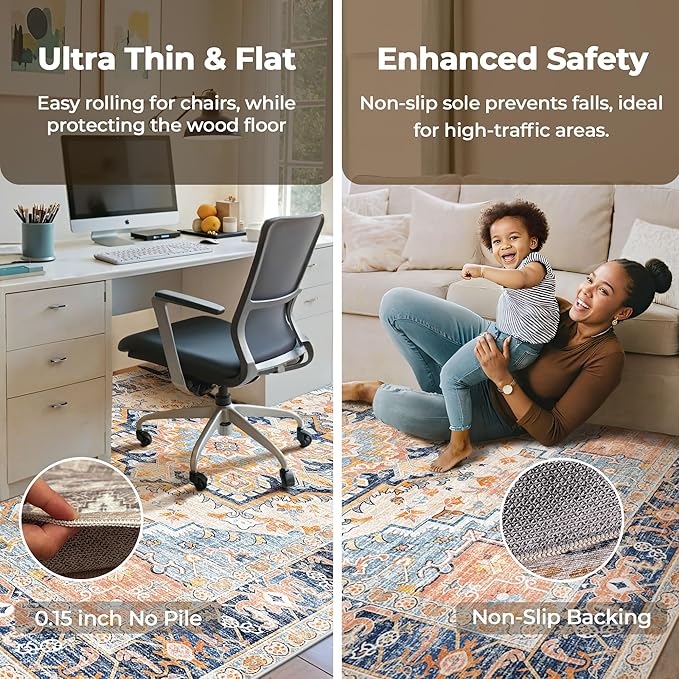Washable Area Rugs 9x12 Living Room Boho Non Slip Thin Carpet Stain Resistant Vintage Multicolor Printed Oriental Foldable Distressed Rug for Bedroom Indoor House