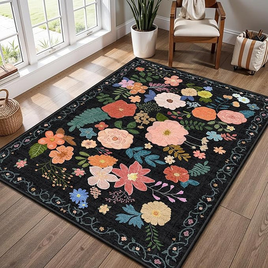 YOUFORTONG Washable Rug 3x5 Area Rugs: Soft Ultra Thin Low Pile Mat Machine Washable Indoor Doormat Lightweight Entry Rug Anti Slip Backing Rugs for Living Room Bedroom Kitchen 3'x5' Black Floral