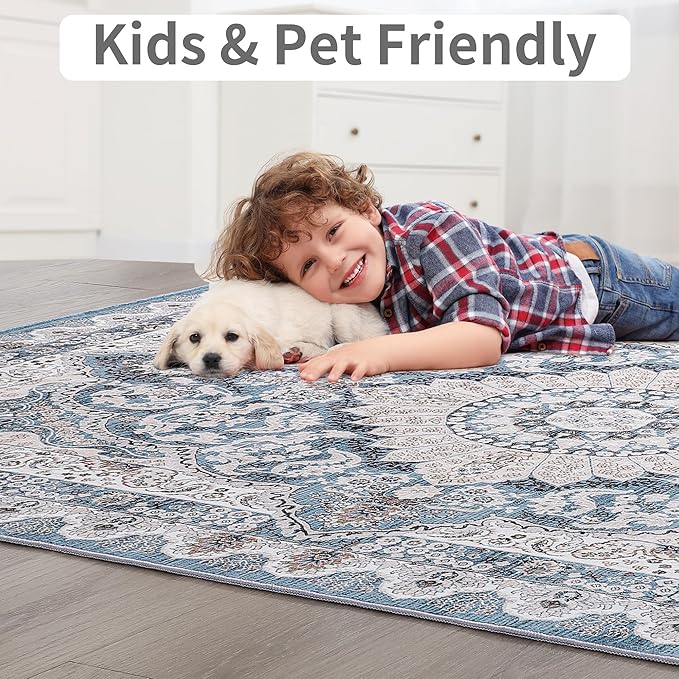 Foxmas Hallway Runner Rug, 2x6 Vintage Kitchen Runner Area Rugs Non Skid Washable, Low Pile Throw Rugs with Rubber Backing Carpet for Laundry Room Entryway Bedroom Home Decor, Blue