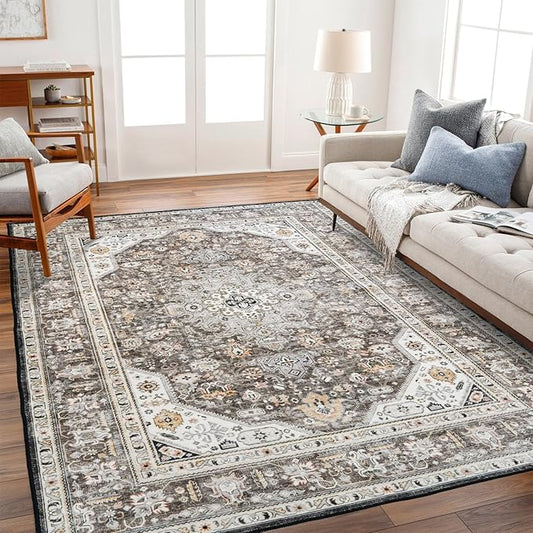 Washable Area Rug - 6x9 Bedroom Living Room Large Indoor Rugs Soft Oriental Vintage Rugs Non-Slip Backing Stain Resistant for Farmhouse Kitchen (6x9 Brown)