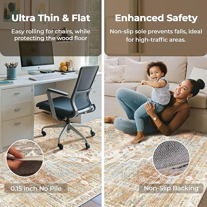 Washable Area Rugs Boho Non Slip Stain Resistant Thin Carpet Vintage Orange Printed Oriental Foldable Distressed 6x9 Rug for Living Room Bedroom Indoor House