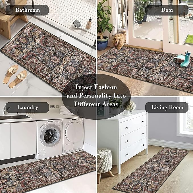 Washable Area Rugs - Perfect for Living Room, Bedroom, Kids Room, Nursery - Stain & Water Resistant Non-Slip, Pet & Child Friendly, Vintage Tribal Area Rugs (Rust, 2'6'' x 8')