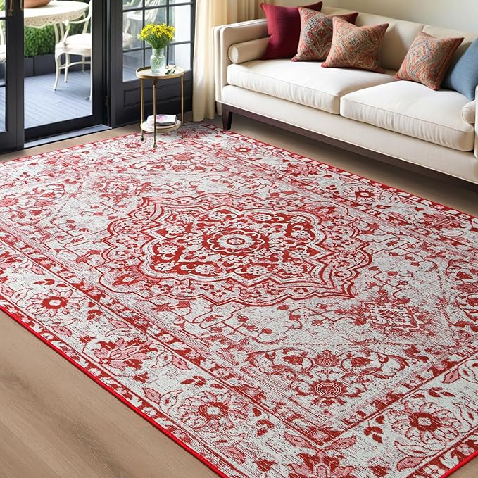 YJ.GWL Area Rug for Living Room, 4x6 Machine Washable Boho Rug for Bedroom, Low Pile Lightweight Thin Rugs Floral Vintage Distress Print Pattern Carpet for Dining Room, Red/White