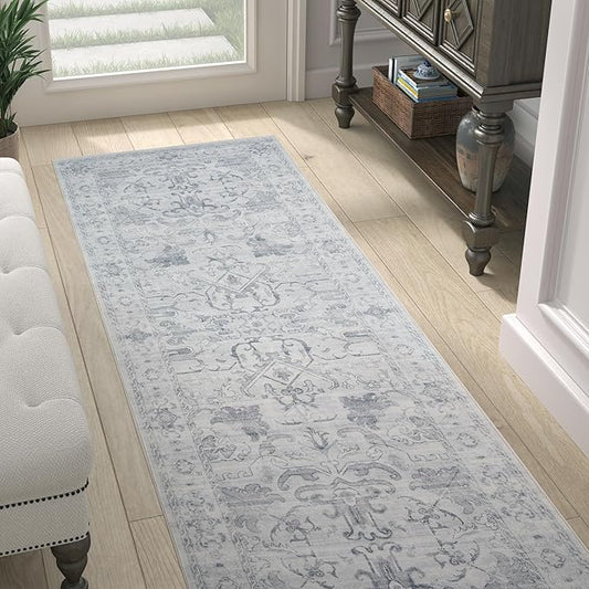 jinchan Hallway Runner Rug 2x10 Machine Washable - Vintage Floral Non-Slip Low-Pile Soft Ultra-Thin Faux Wool Kitchen Rug Distressed Carpet Runner for Farmhouse Bedroom Laundry Room (2x10ft,Grey)