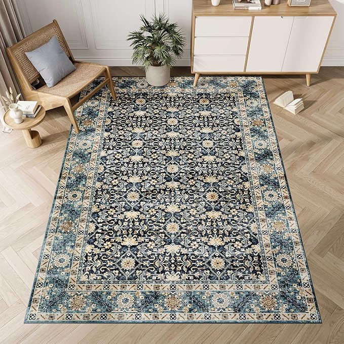 Dripex 3x5 Area Rugs, Machine Washable Non Slip Boho Rugs,Distressed Entryway Rug Doormat,No Pile Lightweight Vintage Rug, Smal Carpet Rug for Front Entrance,Office Bedroom,Navy Blue