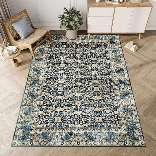Dripex 3x5 Area Rugs, Machine Washable Non Slip Boho Rugs,Distressed Entryway Rug Doormat,No Pile Lightweight Vintage Rug, Smal Carpet Rug for Front Entrance,Office Bedroom,Navy Blue