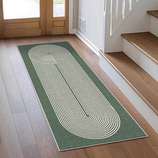 Bavni Hallway Runner, Machine Washable Runner Rug, Soft Modern 2x7 Rugs, Abstract Low Pile Lightweight Rugs for Bedroom, Hallways, Kitchen, Sage Green Lines