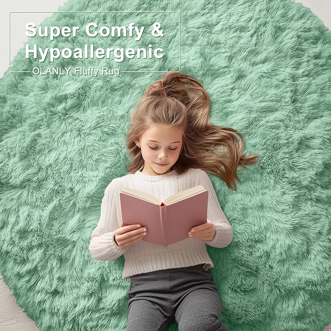 OLANLY Mint Green Round Rugs for Bedroom - Machine Washable, 4x4 Feet Circle Area Rugs for Living Room, Soft and Fluffy Shaggy Carpet for Teen Girl and Boys, Dorms, Nursery Rooms, Home Decor Aesthetic