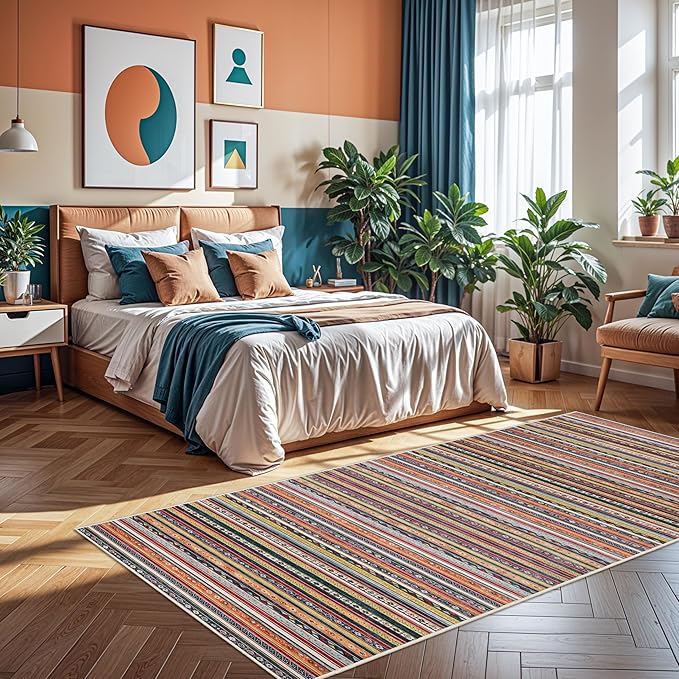 4x8 Rug Washable Indoor: Non-Slip Southwestern Striped Carpet for Kitchen Hallway Entry - Farmhouse Low Pile Stain Resistant Long Thin Front Door Mat 4x8 Red/Blue/Multi
