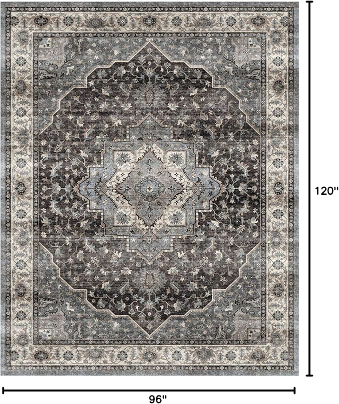 Dripex 8x10 Area Rugs,Machine Washable Non Slip Distressed Boho Rugs,Large Area Rug for Bedroom Aesthetic,0.24" Low Pile Lightweight Vintage Rug,Carpet for Living Room Dining Room,Dark Blue and Green