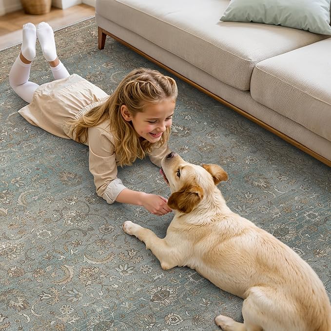 8X10 Area Rugs Machine Washable Rugs for Living Room, Vintage Boho Large Rugs for Bedroom Dining Room, Non Slip Indoor Soft Distressed Lightweight Thin Low Pile Carpet, Weathered Teal