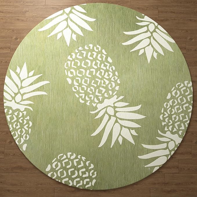 LR Home 5ft Round Indoor/Outdoor Area Rug for Home Decor | Coastal Pineapples Large Size Carpet for Living Room, Bedroom, Playroom, Patio, Garden | Tropical Farmhouse Rug | Dark Green/Beige