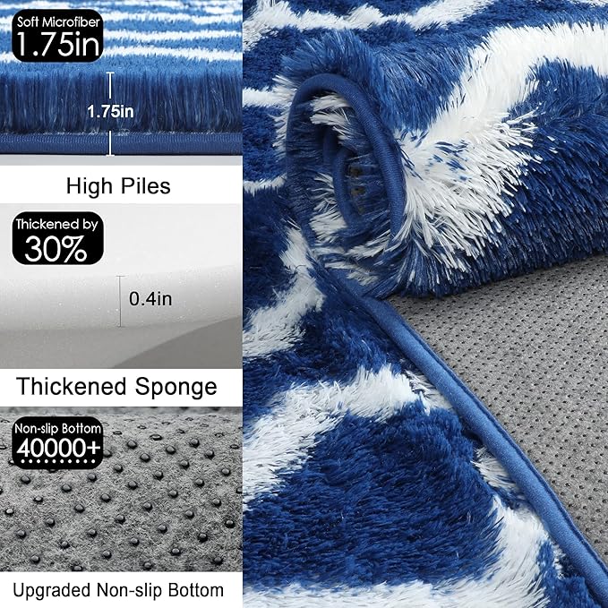 RUGTUDER Fluffy Rugs for Bedroom, 4x6 Washable Shag Striped Rug Fuzzy Plush Rug for Living Room, Chevron Pattern Soft Shaggy Area Rug for Kids Boys Room Teen Dorm Classroom Decor, Navy Blue and White