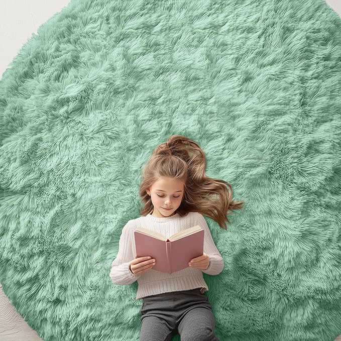 OLANLY Mint Green Round Rugs for Bedroom - Machine Washable, 7x7 Feet Circle Area Rugs for Living Room, Soft and Fluffy Shaggy Carpet for Teen Girl and Boys, Dorms, Nursery Rooms, Home Decor Aesthetic
