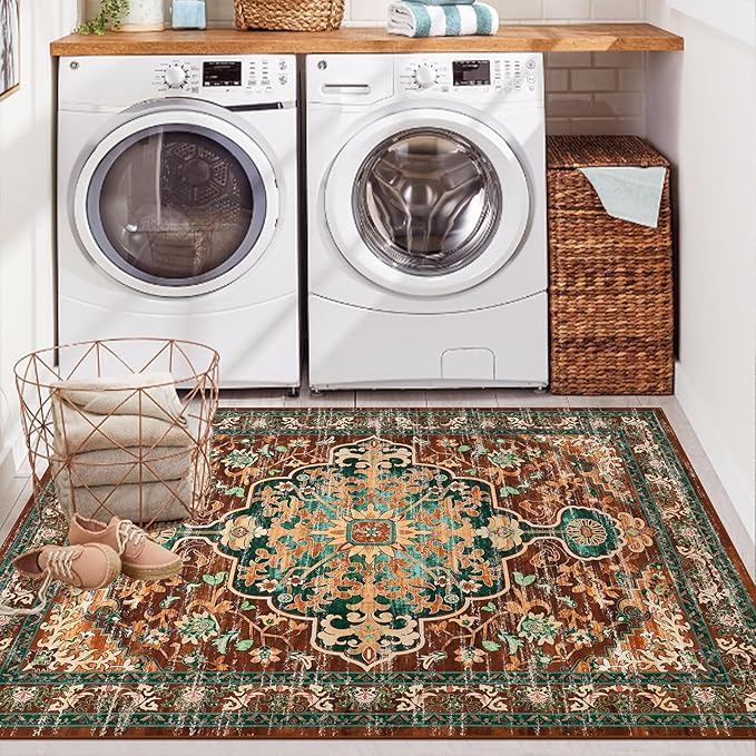 U'Artlines Boho Vintage Area Rug 3x5 Machine Washable Low Pile Ultra-Thin Soft Floor Carpet Non Slip Non Shedding Accent Rug for Living Room Bedroom Entryway Dining Room Office Rust＆Teal
