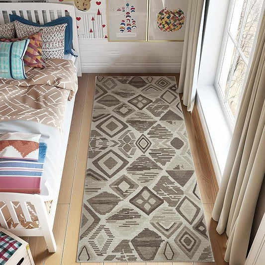 jinchan 2x6 Washable Runner Rug Hallway Geometric Moroccan Faux Jute Indoor Rug Non-Slip Colorful Modern Carpet for Kids Room Kitchen Bedroom Bathroom Nursery Playroom Laundry Room Boho Grey