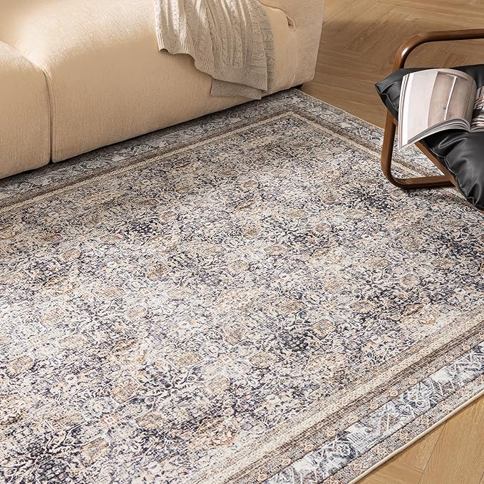 Phantoscope Vintage Collection Area Rug 5'x7' - Washable Rug Boho Rugs Non-Slip for Living Room, Bedroom, Dining Room, Dorm, Indoor Low-Pile Carpet Distressed Accent Rug, Light Brown