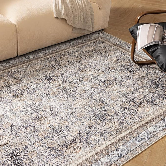 Phantoscope Vintage Collection Area Rug 5'x7' - Washable Rug Boho Rugs Non-Slip for Living Room, Bedroom, Dining Room, Dorm, Indoor Low-Pile Carpet Distressed Accent Rug, Light Brown