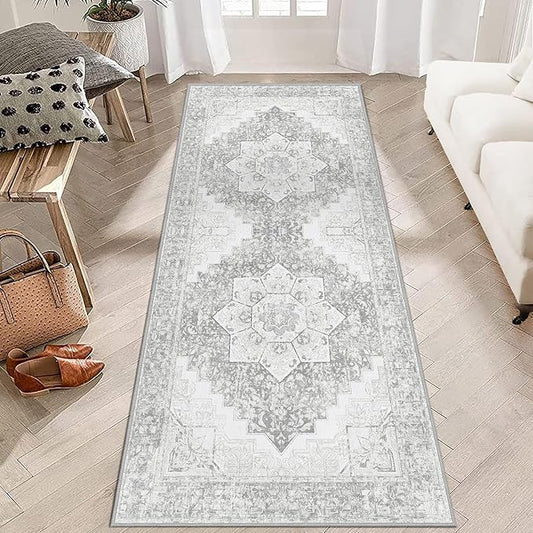 Washable Runner - 2x6 Boho Hallway Rug, Non Slip Kitchen Runner, Soft Vintage, Oriental Distressed, Low-Pile Floor Carpet for Laundry, Indoor Entrance, Bathroom, Grey