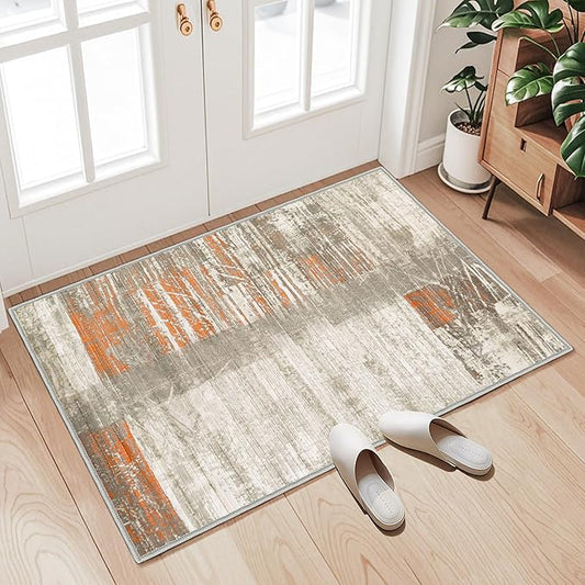 2x3 Washable Indoor Door Mat - Beige Multi Modern Abstract Rugs for Entryway, Soft Small Area Rug, Non-Slip Low-Pile Thin Door Mat for Inside Entry, Rugs for Indoor Front Entrance Kitchen