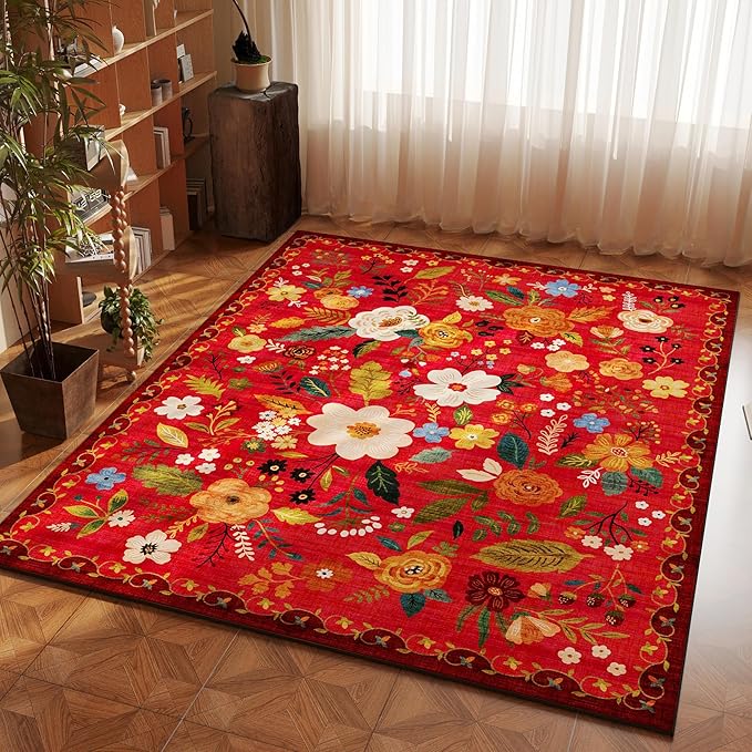 Bedroom Rug 3x5 Rug Washable Area Rug Non Slip Low Pile Boho Floral Small Carpet for Bedroom, Bedside, Kitchen, Entryway, Kids Room, Office, College Dorm Essentials for Girls(Red)