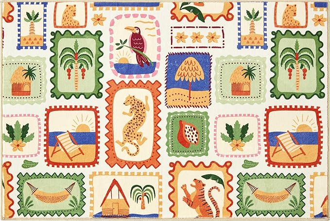 Tropical Poster Rug Washable, Modern Abstract Jungle Animals Summer Botanical Coastal Bathroom Rugs Non Slip, Green and Orange Cute Aesthetic 2x3 Throw Area Rugs for Bedroom Entryway Indoor Doormat