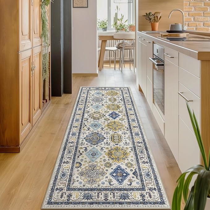 2x8 Runner Rug Non Slip, Machine Washable Rug Runners for Hallways, Vintage Distressed Print Kitchen Runner, Low Pile Lightweight Carpet Runner for Entryway, Laundry, Bedroom, Bathroom Ivory Blue