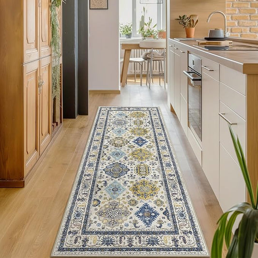 2x8 Runner Rug Non Slip, Machine Washable Rug Runners for Hallways, Vintage Distressed Print Kitchen Runner, Low Pile Lightweight Carpet Runner for Entryway, Laundry, Bedroom, Bathroom Ivory Blue