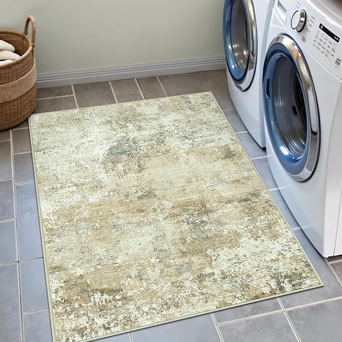2x3 Entryway Rug Beige Grey Non Slip Washable Doormat Neutral Modern Abstract Indoor Rug Thin Soft Throw Low Pile Kitchen Carpet for Laundry Room, Kitchen, Bedroom, Bathroom