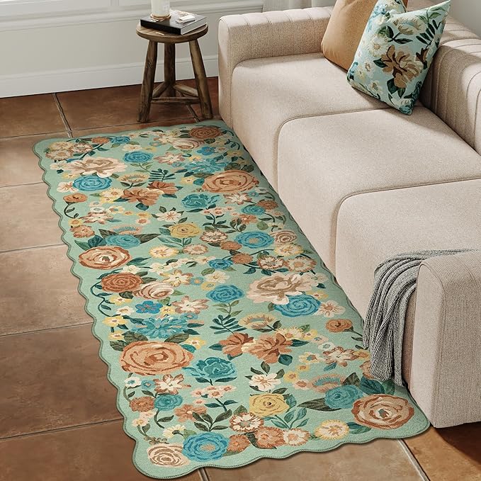 Washable Floral Runner Rug 2x5 Green Hallway Carpet Scalloped Flower Non Slip Soft Long Kitchen Runner Farmhouse Low Pile Thin Indoor Floor Cover for Bathroom Bedroom Laundry Room Entryway