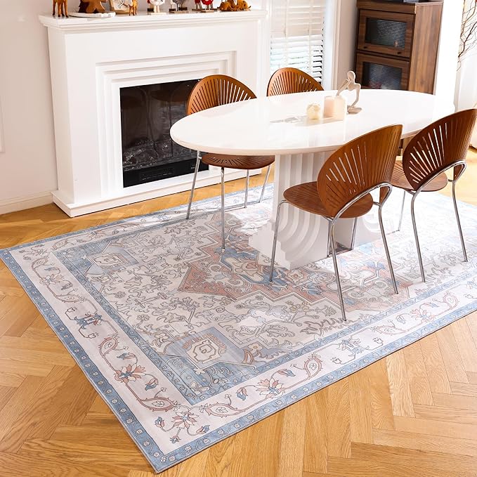 Carvapet Rugs for Living Room, Vintage Low Pile Large Carpet with Rubber Backing, Foldable, Non Slip Machine Washable (9 x 6 Feet Rectangular, Orange/Blue Area Rug)