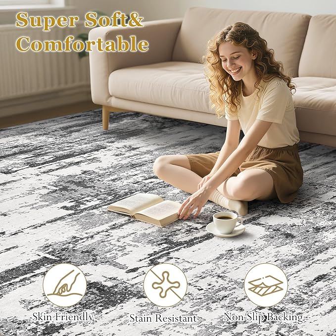 Area Rugs for Living Room: 9x12 Abstract Washable Rug Modern Neutral Large Soft Stain Resistant Non-Slip Backing Machine Table for Bedroom Dining Room Indoor Home Office Carpet - Black Grey