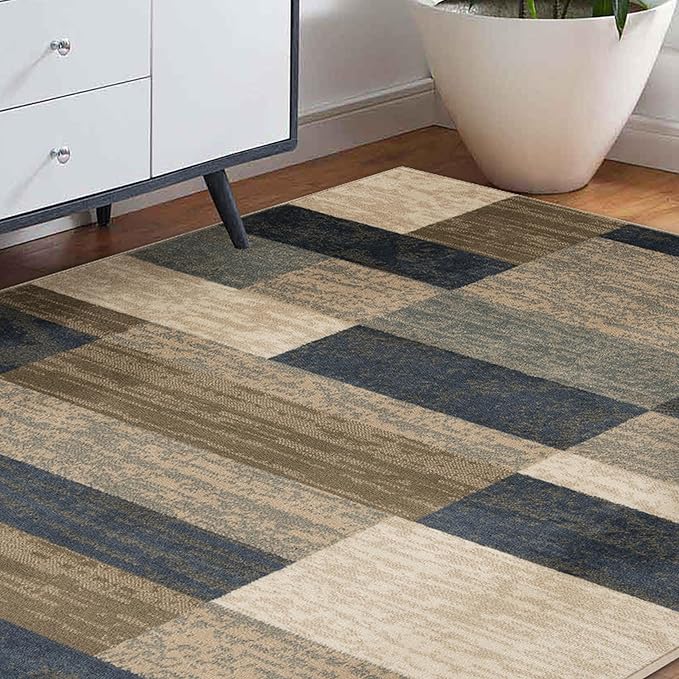 Superior Indoor Area Rug, Jute Backed, Modern Geometric Patchwork Floor Decor for Bedroom, Office, Living Room, Entryway, Hardwood Floors, Rockwood Collection, 8' x 10', Midnight Navy
