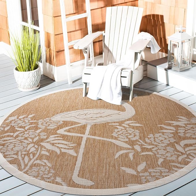 LR Home 5ft Round Indoor/Outdoor Area Rug for Home Decor | Flamingo Large Size Carpet for Living Room, Bedroom, Playroom, Patio, Garden | Tropical Farmhouse Rug | Beige/Tan
