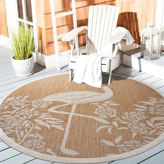 LR Home 5ft Round Indoor/Outdoor Area Rug for Home Decor | Flamingo Large Size Carpet for Living Room, Bedroom, Playroom, Patio, Garden | Tropical Farmhouse Rug | Beige/Tan
