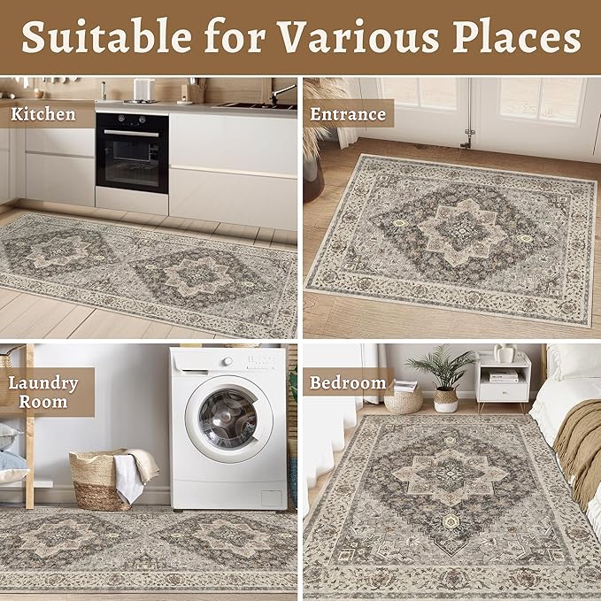 2.6x8 Washable Runner Rug for Hallways, Non Slip Vintage, Soft Low Pile Long Runner, Print Distressed Brown/Grey Carpet Runners for Kitchen Bedroom Entryway Bathroom Living Room