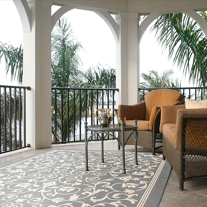 SAFAVIEH Courtyard Collection 8' x 11' Grey / Natural CY2098 Scroll Indoor/ Outdoor Waterproof Easy-Cleaning Patio Backyard Mudroom Area-Rug
