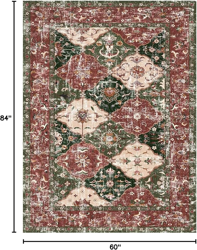 Washable Boho Vintage Area Rugs 5×7 Non-Slip Traditional Red and Green Carpet for Living Room Bedroom Dining Room Farmhouse